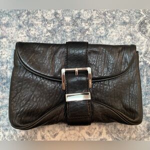 Michael Kors Heidi Black Leather Clutch with Silver Snap Buckle Closure
